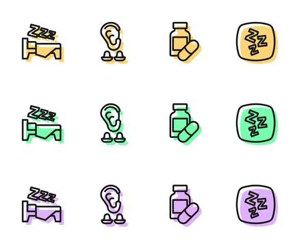Set line Sleeping pill, Time to sleep, Earplugs and ear and Sleepy icon. Vector Stock Illustration