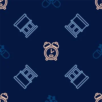 Set line Sleeping pill, Window with curtains and Alarm clock on seamless pattern Stock Illustration