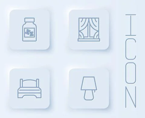 Set line Sleeping pill, Window with curtains, Big bed and Table lamp. White 스톡 일러스트