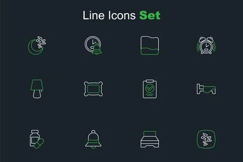 Set line Sleepy, Big bed, Ringing bell, Sleeping pill, Bed, Medical prescri.. Illustrazione stock