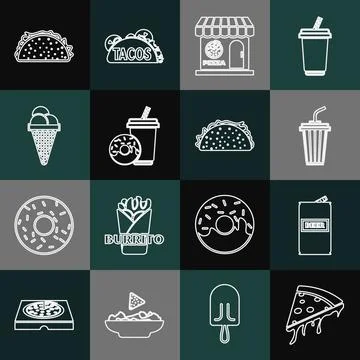 Set line Slice of pizza, Beer can, Glass with water, Pizzeria building facade Ilustración de archivo