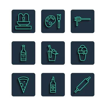 Set line Slice of pizza, Bottle olive oil, Rolling pin, Pasta spaghetti, wine Stock Illustration