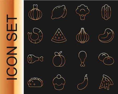 Set line Slice of pizza, Bread loaf, Steak meat, Broccoli, Watermelon, Shrimp Stock Illustration