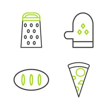 Set line Slice of pizza, Bread loaf, Oven glove and Grater icon. Vector 스톡 일러스트