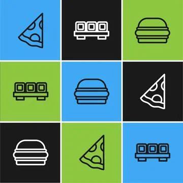 Set line Slice of pizza, Burger and Sushi on cutting board icon. Vector Stockillustratie