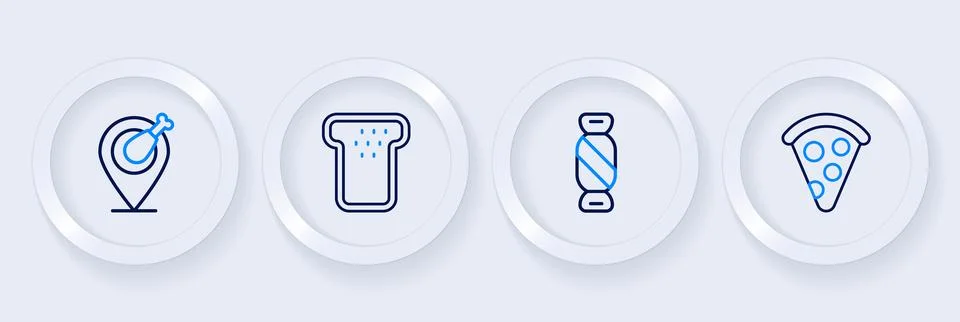 Set line Slice of pizza, Candy, Bread toast and Chicken leg icon. Vector Ilustración de archivo