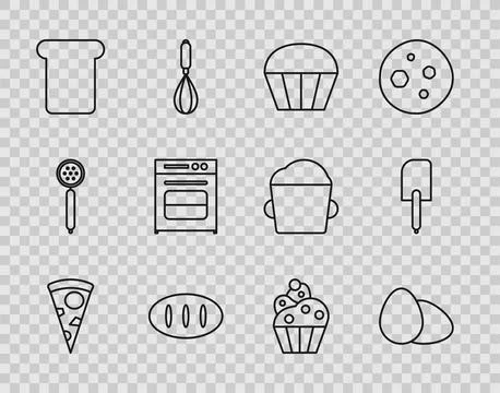 Set line Slice of pizza, Chicken egg, Muffin, Bread loaf, toast, Oven, Cupc.. Stock Illustration