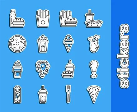Set line Slice of pizza, Chicken leg, Burger and french fries in carton pac.. Stock Illustration