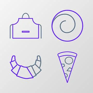 Set line Slice of pizza, Croissant, Roll bun with cinnamon and Kitchen apron Stock Illustration