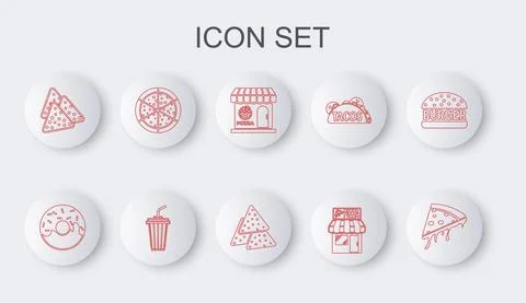 Set line Slice of pizza, Donut, Pizzeria building facade, Nachos, Pizza, Glass Illustrazione stock