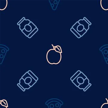 Set line Slice of pizza, Jam jar and Plum fruit on seamless pattern. Vector Illustrazione stock