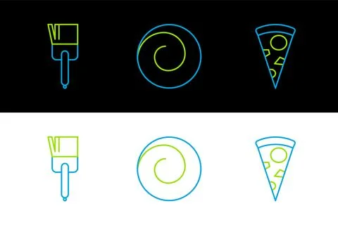 Set line Slice of pizza, Kitchen brush and Roll bun with cinnamon icon. Vecto Stock Illustration