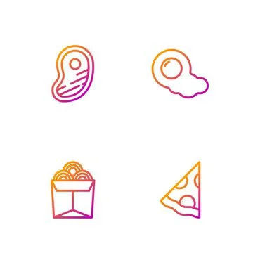 Set line Slice of pizza, Noodles in box, Steak meat and Scrambled eggs. Gradient Stock Illustration