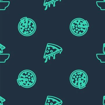 Set line Slice of pizza, Pizza and Nachos in plate on seamless pattern. Vector Stock Illustration