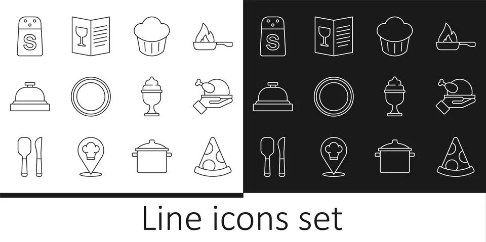 Set line Slice of pizza, Roasted turkey or chicken, Cupcake, Plate, Hotel Stock Illustration