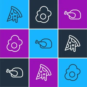Set line Slice of pizza, Roasted turkey or chicken and Scrambled egg icon. .. Stock Illustration
