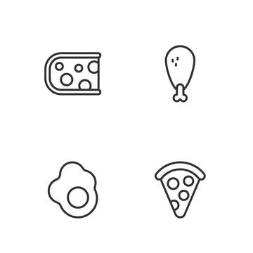 Set line Slice of pizza, Scrambled egg, Cheese and Chicken leg icon. Vector Stock Illustration