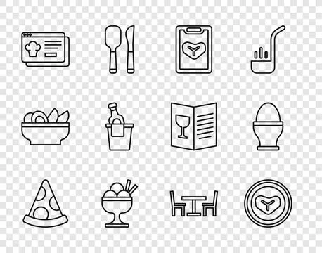 Set line Slice of pizza, Steak meat on plate, Restaurant cafe menu, Ice cre.. Illustrazione stock