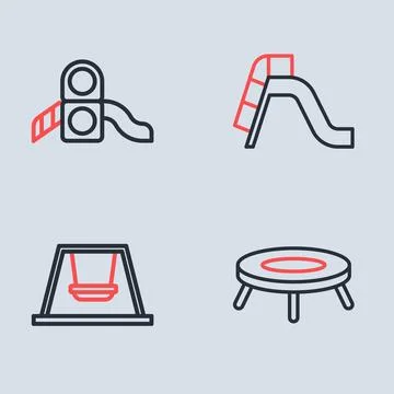 Set line Slide playground, Ferris wheel, Jumping trampoline and  icon. Vector Stock Illustration