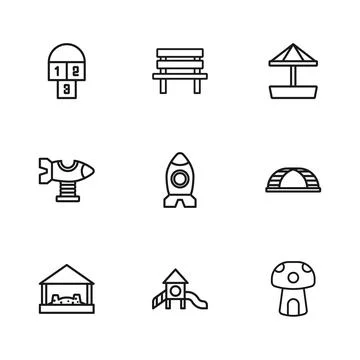 Set line Slide playground, Monkey bar, Mushroom house, Rocket ship toy, San.. Stock Illustration