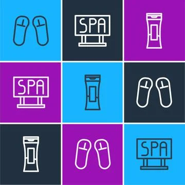 Set line Slipper, Bottle of shampoo and Spa salon signboard icon. Vector Illustrazione stock