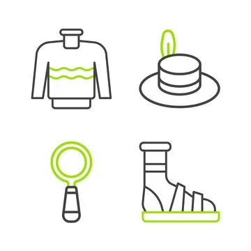 Set line Slippers with socks, Magnifying glass, Man hat and Sweater icon. Vector Stock Illustration