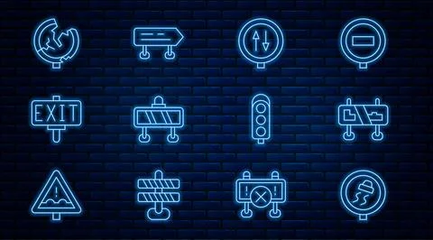 Set line Slippery road traffic, Road sign, warning two way, barrier, Fire e.. Ilustração Stock