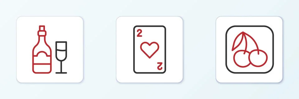Set line Slot machine with cherry, Champagne bottle glass and Playing card .. Stock Illustration