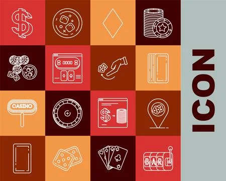 Set line Slot machine, Deck of playing cards, Playing with diamonds symbol Stock Illustration