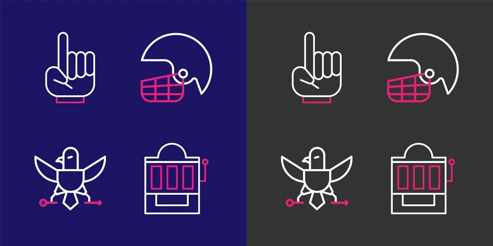 Set line Slot machine, Eagle, American football helmet and Number 1 one fan.. Stock Illustration