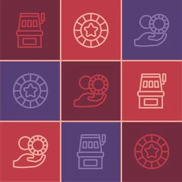 Set line Slot machine, Hand holding casino chips and Casino icon. Vector Stock Illustration