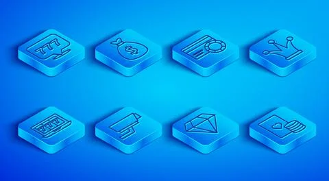 Set line Slot machine with jackpot, Money bag, Credit card, Security camera Stock Illustration