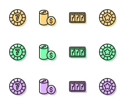 Set line Slot machine with jackpot, Casino chips, dollar and icon. Vector 스톡 일러스트