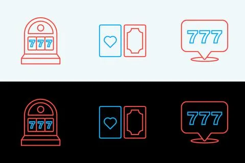 Set line Slot machine with jackpot,  and Deck of playing cards icon. Vector Stock Illustration