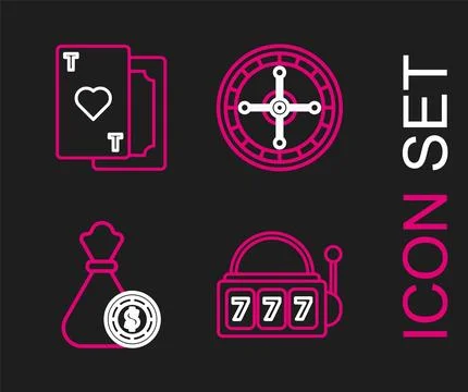 Set line Slot machine with lucky sevens jackpot, Money bag and casino chips.. Stock Illustration