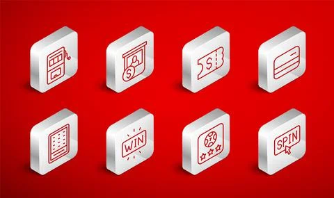 Set line Slot machine spin button, Casino chips exchange, Lottery ticket, Credit Illustrazione stock