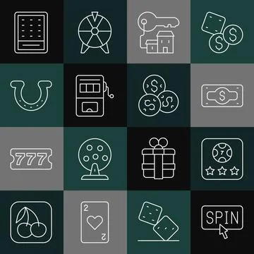 Set line Slot machine spin button, Online poker table game, Stacks paper money Stock Illustration