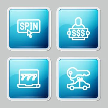 Set line Slot machine spin button, Winner holding prize ticket, Laptop and slot Illustrazione stock
