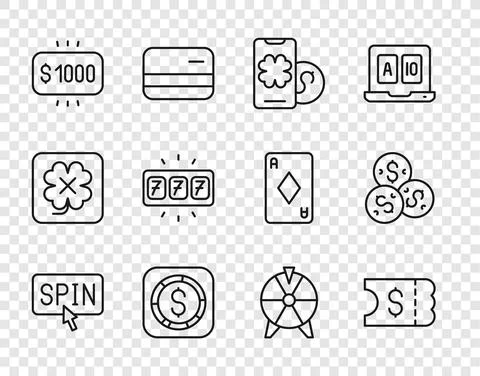 Set line Slot machine spin button, Lottery ticket, Online poker table game, Coin 스톡 일러스트