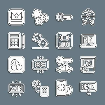 Set line Slot machine spin button, Casino chips exchange, Online poker table Stock Illustration