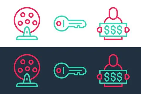Set line Slot machine spin button, Lottery and Old key icon. Vector Illustrazione stock