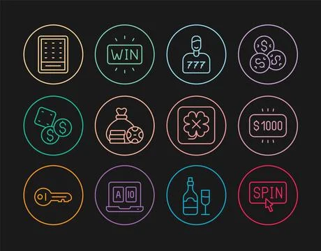 Set line Slot machine spin button, Money prize casino, Lucky player, bag, G.. Illustrazione stock