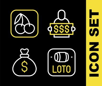 Set line Slot machine spin button, Lottery ticket, Money bag and with cherr.. Illustrazione stock
