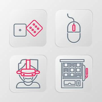 Set line Slot machine, Virtual reality glasses, Computer mouse and Game dice  Illustrazione stock
