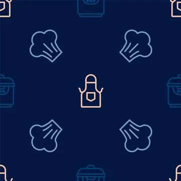 Set line Slow cooker, Chef hat and Kitchen apron on seamless pattern. Vector Stock Illustration