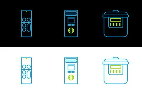 Set line Slow cooker, Remote control and  icon. Vector Stock Illustration