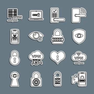 Set line Smart car security system, VPN Network cloud connection, Shield and eye Stock Illustration