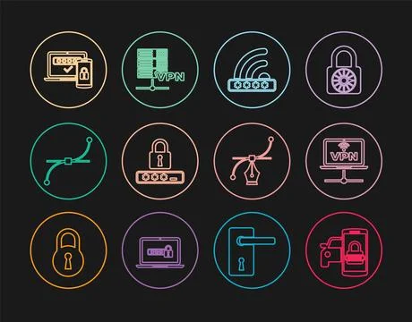 Set line Smart car security system, VPN Computer network, Wifi locked, Pass.. Ilustración de archivo
