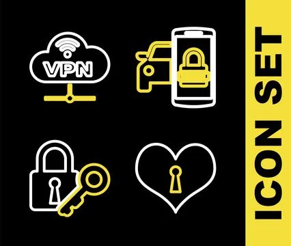 Set line Smart car security system, Heart with keyhole, Lock and and VPN Ne.. Stock Illustration