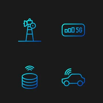 Set line Smart car system, data server, Satellite dish and 5G wireless internet Stock Illustration